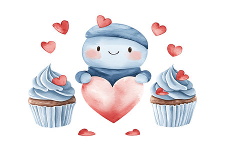 Watercolor illustration of a cute snowman and cupcakes with heartsの写真素材