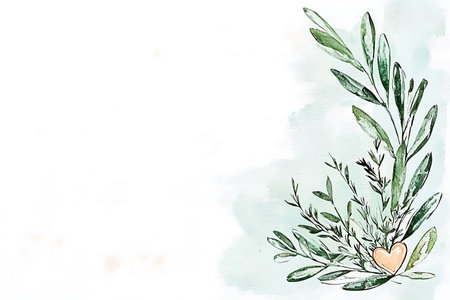 Watercolor illustration of olive branch with green leaves and heart on white backgroundの写真素材
