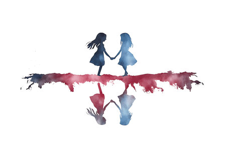 Silhouette of two girls holding hands. Watercolor illustration.の写真素材