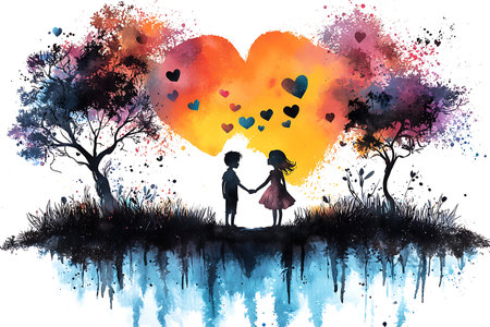 Valentine's day background with couple in love, watercolor paintingの写真素材
