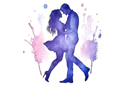 Silhouette of a loving couple in watercolor splashes.の写真素材