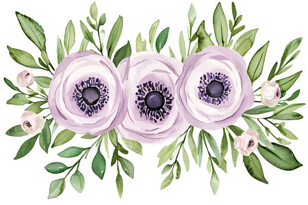 Watercolor vector illustration of flowers with green leaves.の写真素材