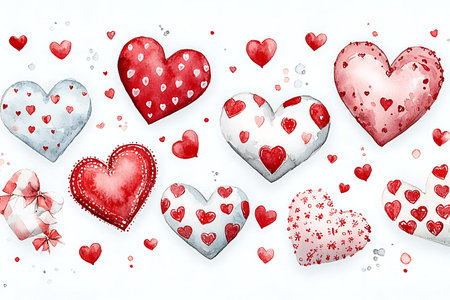 Watercolor valentine's day seamless pattern with red hearts and gift boxes