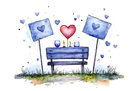 Valentine's Day greeting card with hearts, candles and benchの写真素材