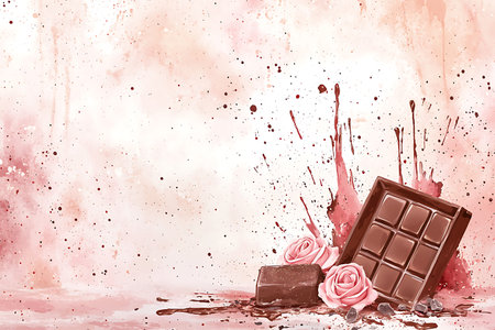Chocolate bar with pink roses and splashes on watercolor backgroundの写真素材
