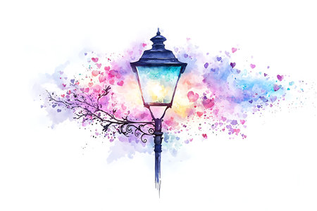 Watercolor illustration of a hand drawn street lamp on a background of heartsの写真素材