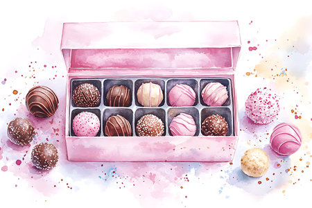 Set of assorted chocolate candies in a box. Watercolor illustrationの写真素材