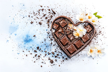 Chocolate bar in the shape of heart and flowers on a white backgroundの写真素材