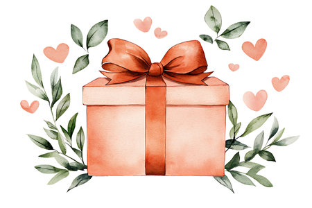 Gift box with red bow and green leaves. Watercolor illustrationの写真素材