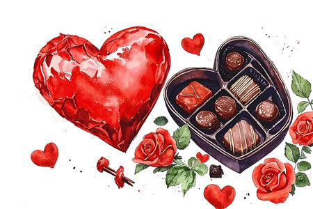 Valentine's day illustration with chocolate candies and red rosesの写真素材