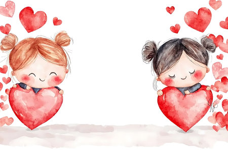 Cute cartoon valentines day couple. Watercolor hand drawn illustrationの写真素材