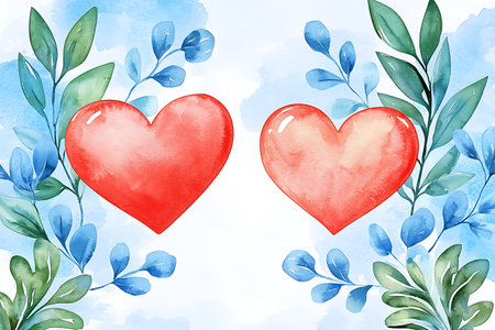 Watercolor illustration of two red hearts and blue leaves on a blue backgroundの写真素材