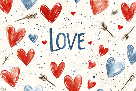 Watercolor Valentines day card with hearts. Hand drawn vector illustration.の写真素材