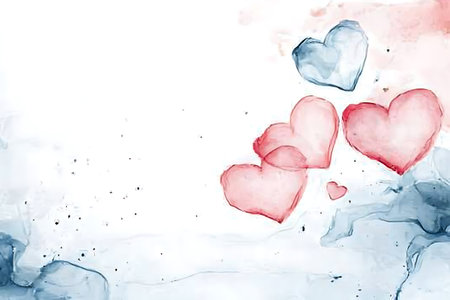 Watercolor background with red and blue hearts. Valentine's Day.の写真素材