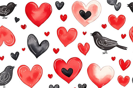 Seamless pattern with hearts and birds. Watercolor illustration.の写真素材