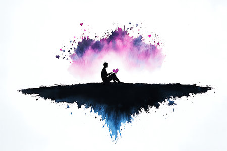 Silhouette of a man with a heart. Mixed mediaの写真素材