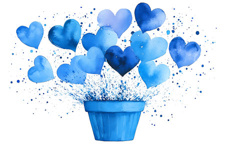 Watercolor blue hearts in a vase isolated on white background.の写真素材
