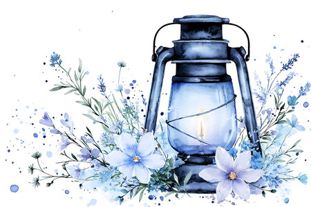 Watercolor illustration of a lantern with flowers and leaves on a white backgroundの写真素材