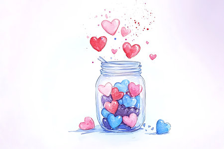 Colorful hearts in a jar on a white background. Vector illustration.の写真素材