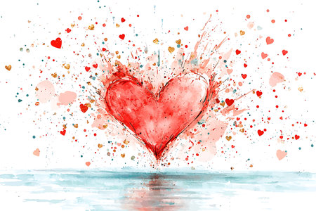 Red heart on a white background with watercolor splashes. Valentine's dayの写真素材