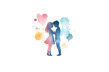Silhouette of a loving couple on watercolor background. Vector illustration.の写真素材