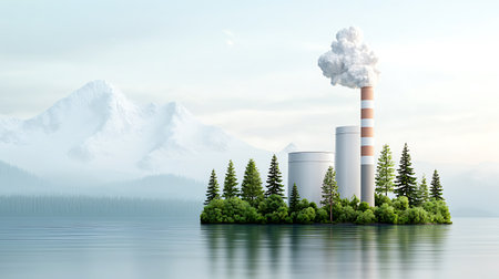 Ecology concept with power station on the lake. 3d renderの写真素材