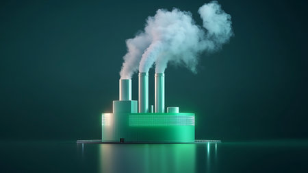3D rendering of a nuclear power plant with smoke coming out of itの写真素材