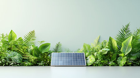 Solar panel with green tropical leaves. 3d render concept of renewable energy.の写真素材