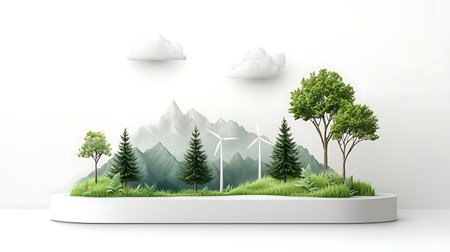 Eco concept with wind turbines and trees on white podium. 3D renderingの写真素材