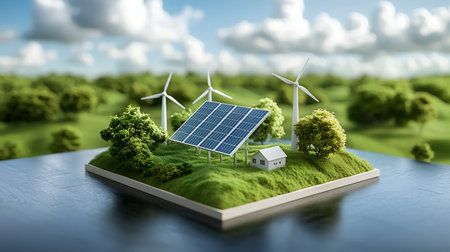 Eco energy concept. 3D illustration of green planet with wind turbines and solar panels
