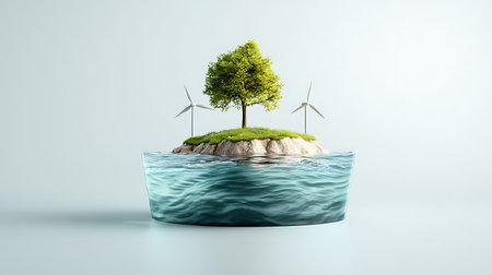 Green island with wind turbines and a tree in the water. 3D rendering