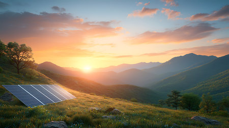 Solar panel against the backdrop of mountains and sunset. 3d renderingの写真素材