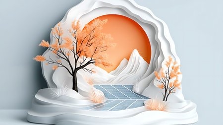 3d render, abstract landscape with solar panels, trees and sun