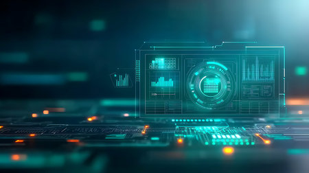 Abstract digital business interface on dark background. Technology concept. 3D Rendering