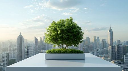 Tree in pot on the table with city background. 3d renderingの写真素材