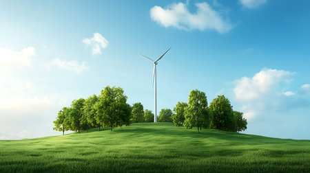 Wind turbine on green hill with trees and blue sky. 3D rendering