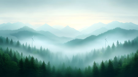 Foggy landscape with wind turbines in the mountains. Vector illustration.の写真素材