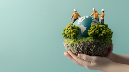 Miniature people : Worker holding earth globe with tree in the handの写真素材