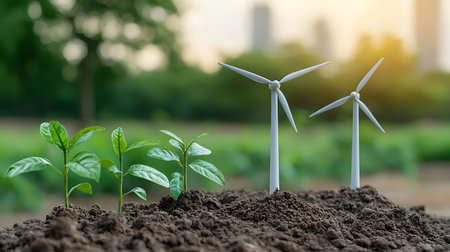 Wind turbines and seedlings on soil. Renewable energy concept.