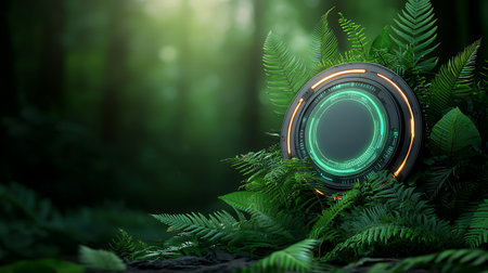 Futuristic green neon light in the forest, 3d renderingの写真素材