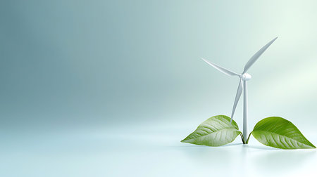 Wind turbine with green leaves on blue background. Alternative energy concept. 3D rendering