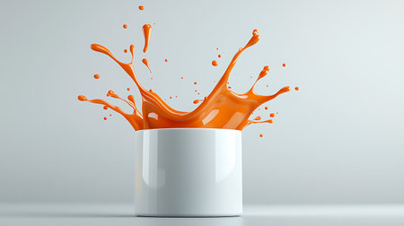 3d rendering of a white mug with orange paint splashes.の写真素材