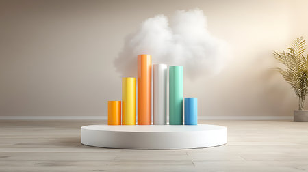 Abstract 3d rendering of a white podium with colorful books and clouds.の写真素材