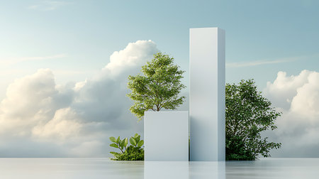 3d render of minimal scene with white podium and green tree.の写真素材