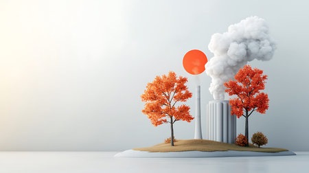 Factory chimney with smoke and autumn trees. Ecology concept. 3D Rendering