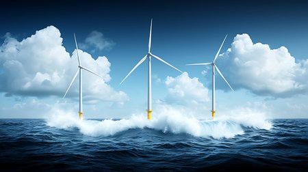 Wind turbines in the sea. 3D illustration. Nature background.
