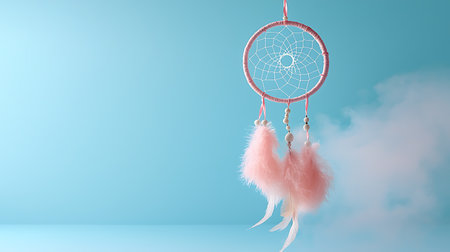 Dreamcatcher with pink feathers on blue background. 3d renderingの写真素材