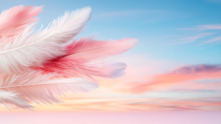 Beautiful pink feathers on blue sky background. Close-up.の写真素材