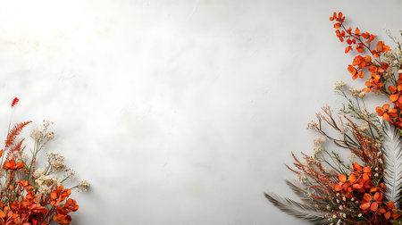 Flowers composition on white background. Flat lay, top view, copy spaceの写真素材