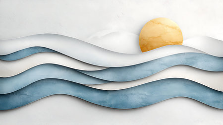 Abstract background with paper cut waves and sun. 3d rendering.